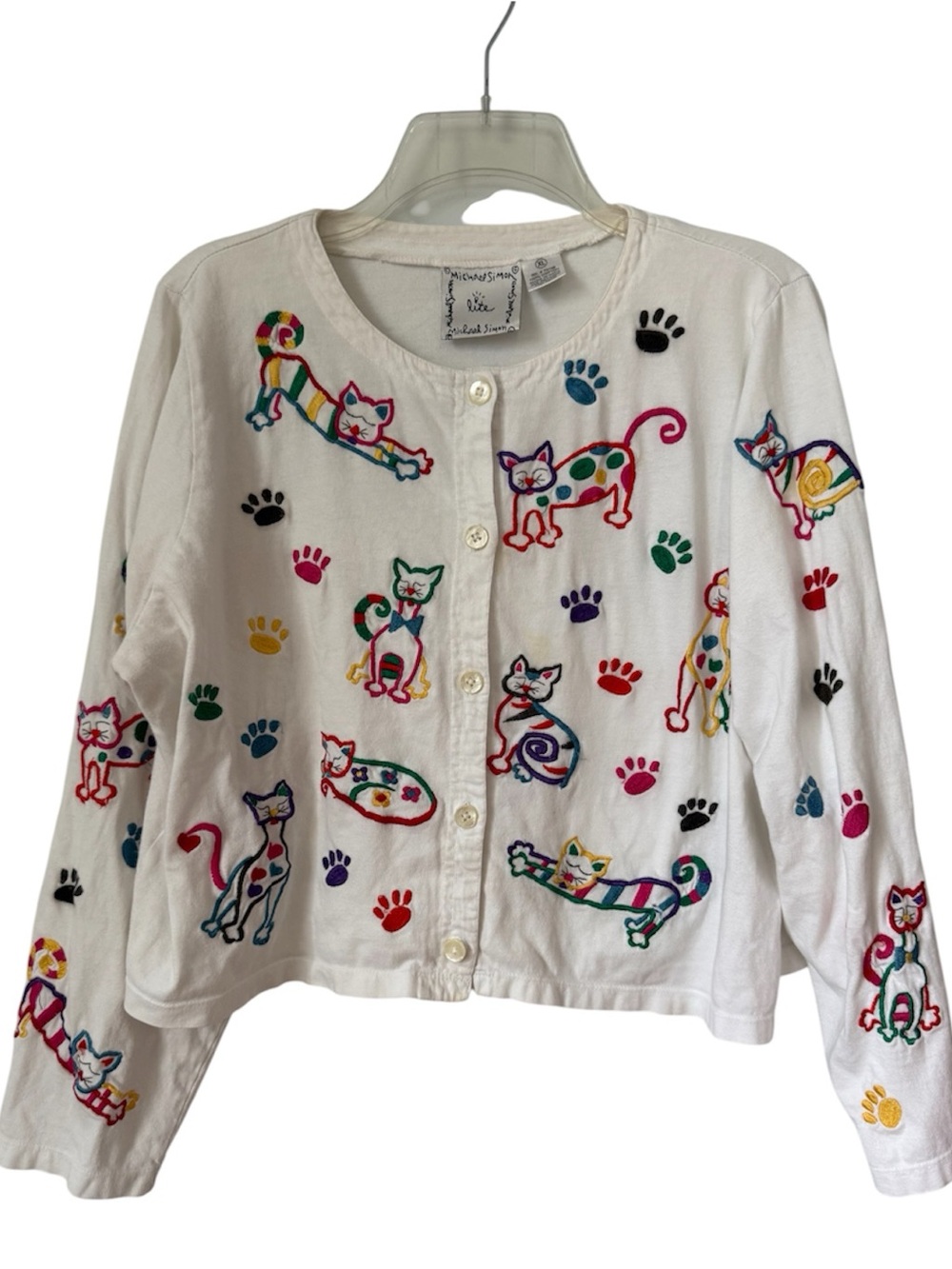 Vintage Michael Simon Lite White Cat Print embroidered Cardigan Large